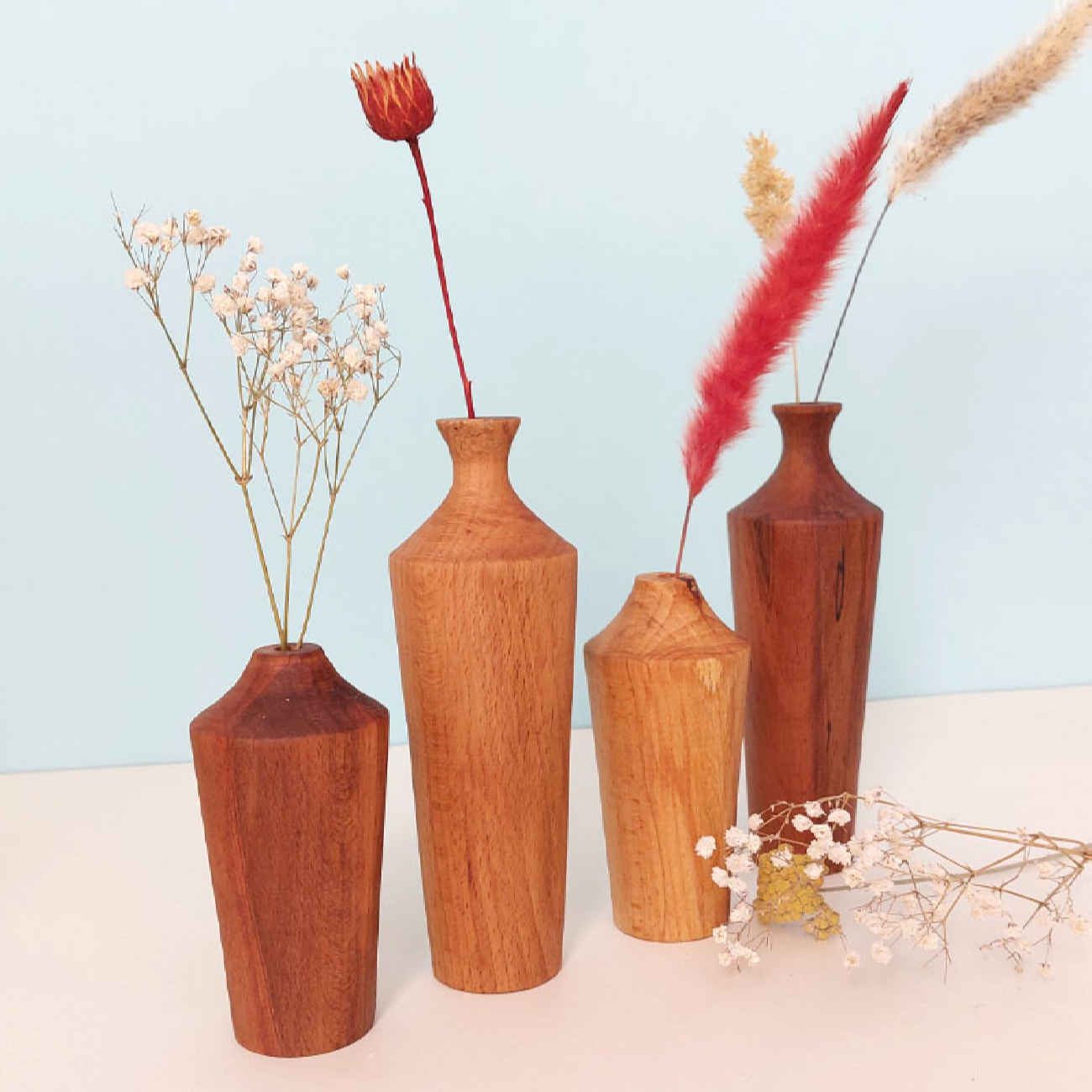 Vases à bourgeons décoratifs en bois massif naturel faits main – Lot de 2.