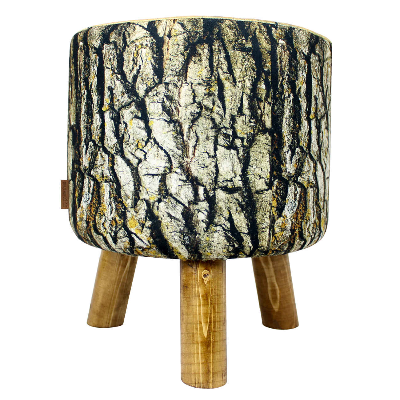 Pouf rond en velours avec design tronc d’arbre et pieds en bois