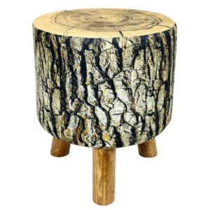 Pouf rond en velours avec design tronc d’arbre et pieds en bois