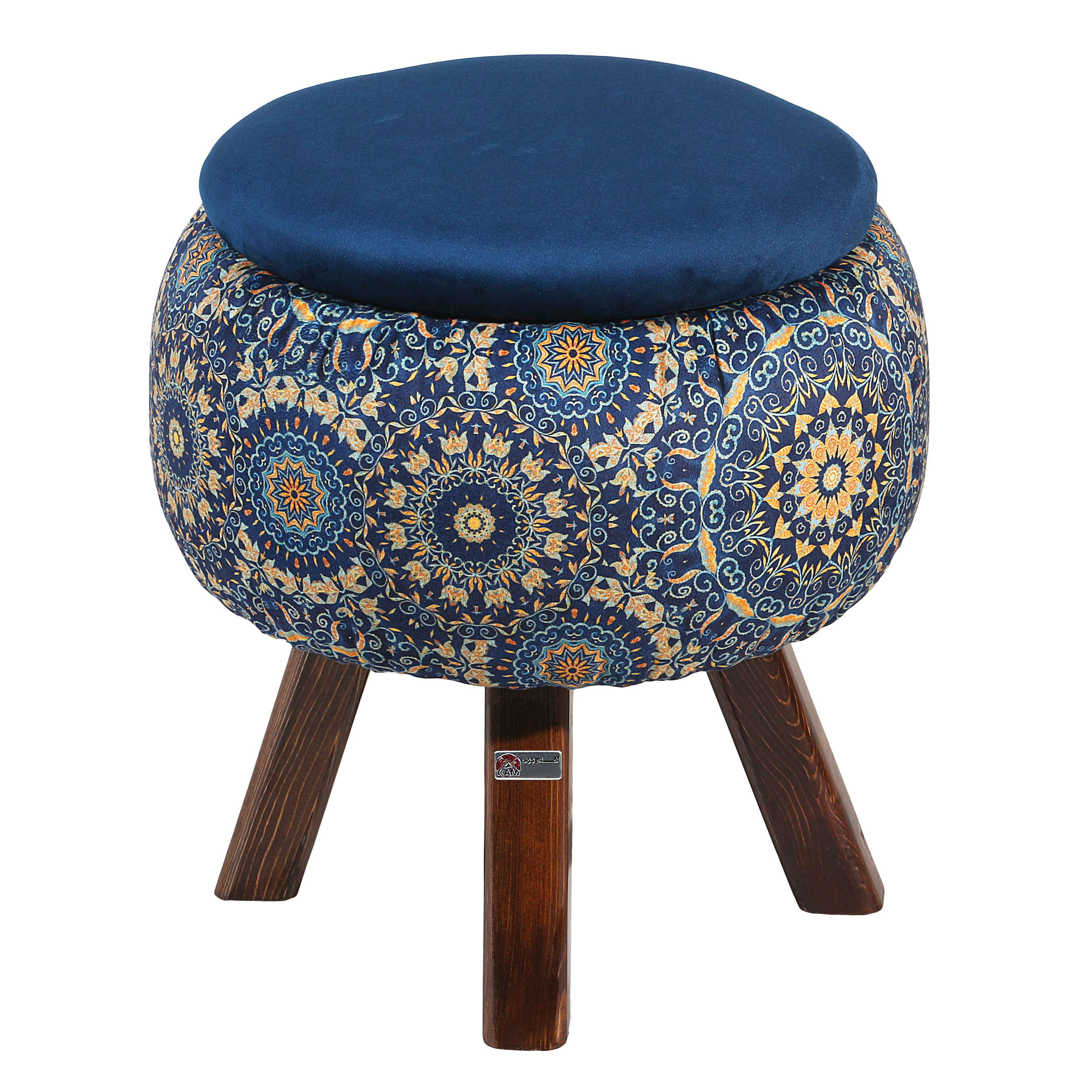 Pouf rond en velours avec pieds en bois inspiré de l’art persan bleu Ghaem