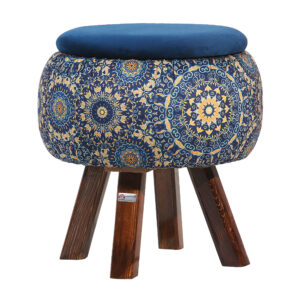 Pouf rond en velours avec pieds en bois inspiré de l’art persan bleu Ghaem
