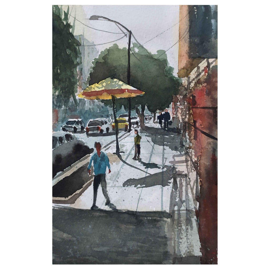 Peinture réaliste originale - Aquarelle sur carton, rue de Téhéran par Bijan Ghahramani
