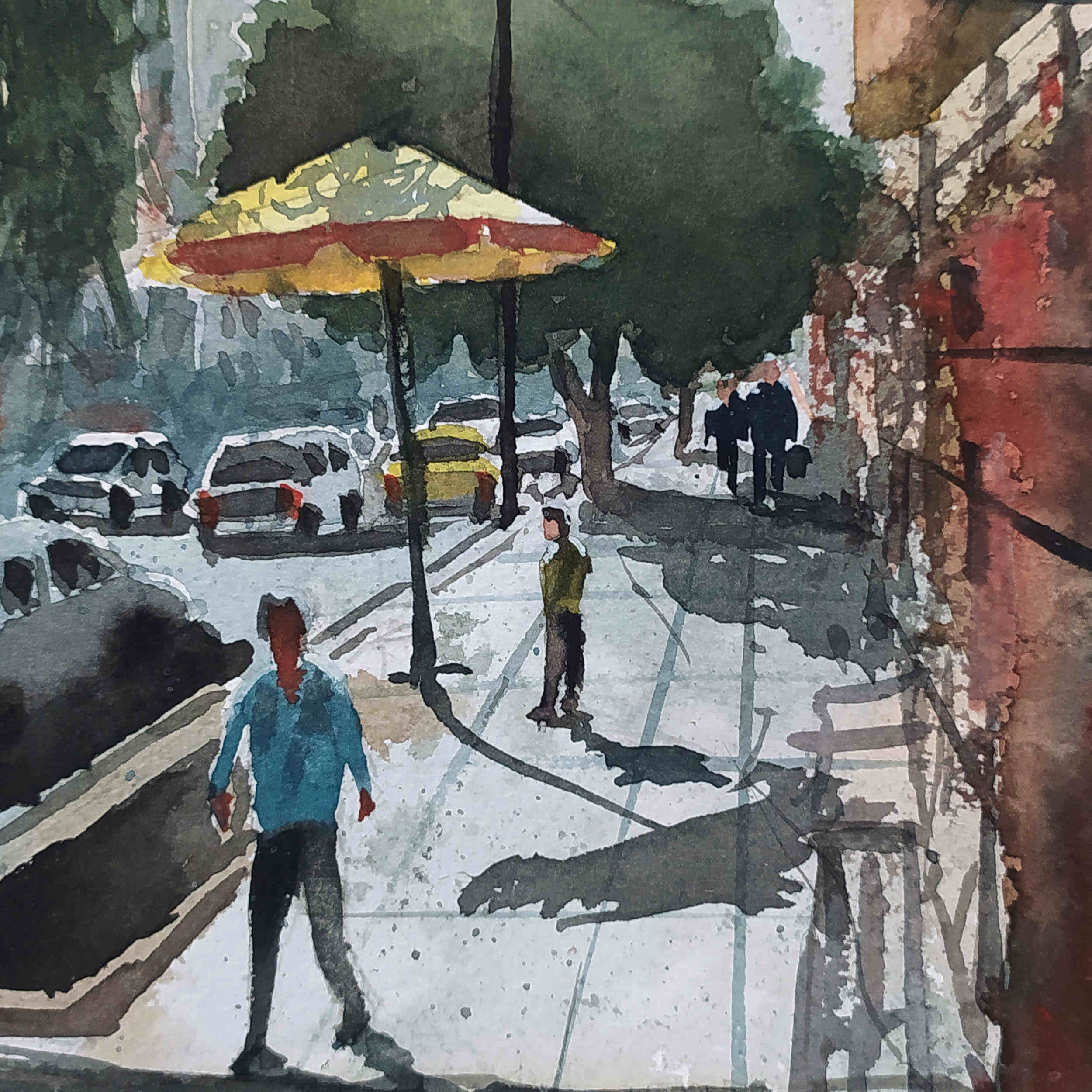Peinture réaliste originale – Aquarelle sur carton, rue de Téhéran par Bijan Ghahramani
