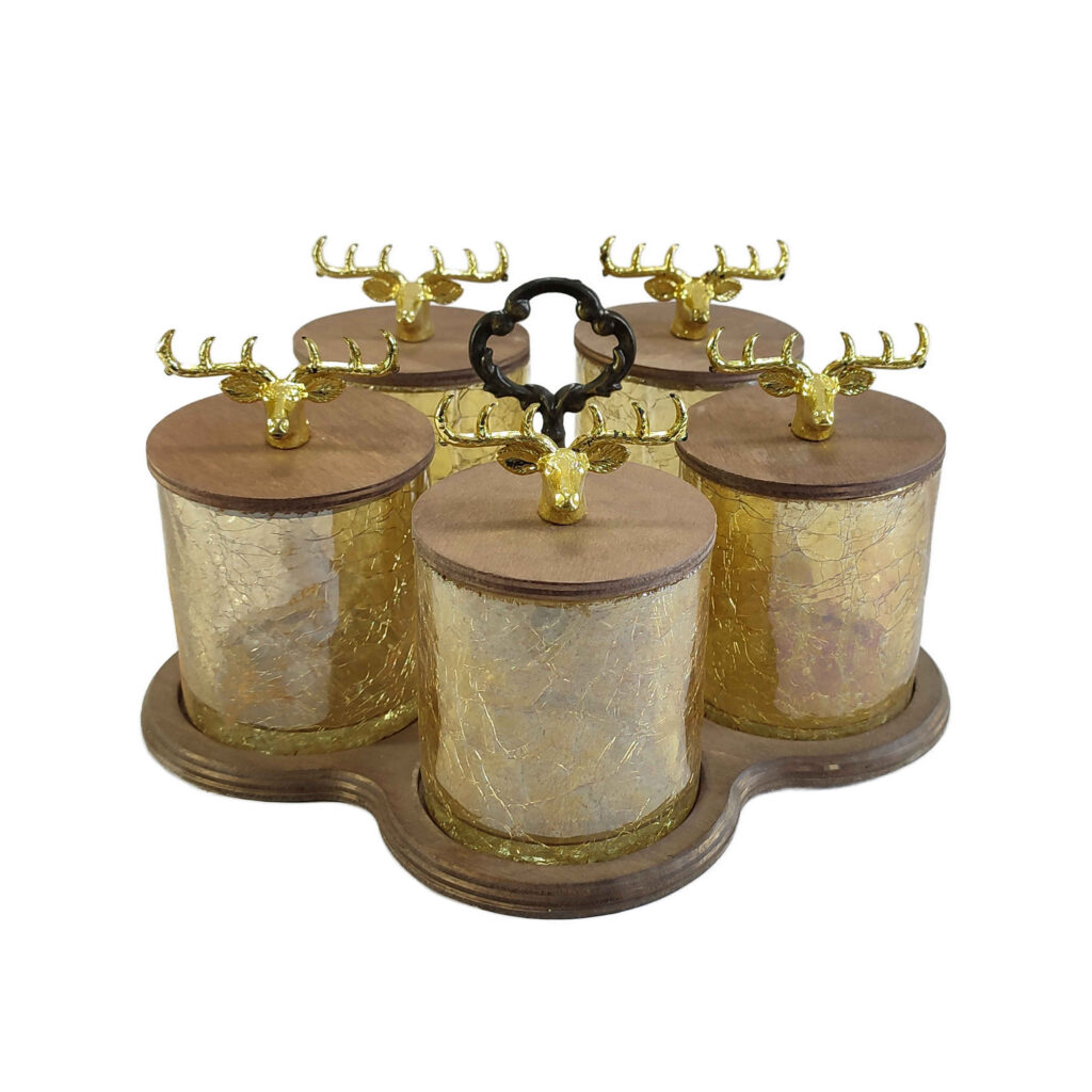 Bocaux en Bois avec Couvercle en Verre Motif Cerf – Lot de 5