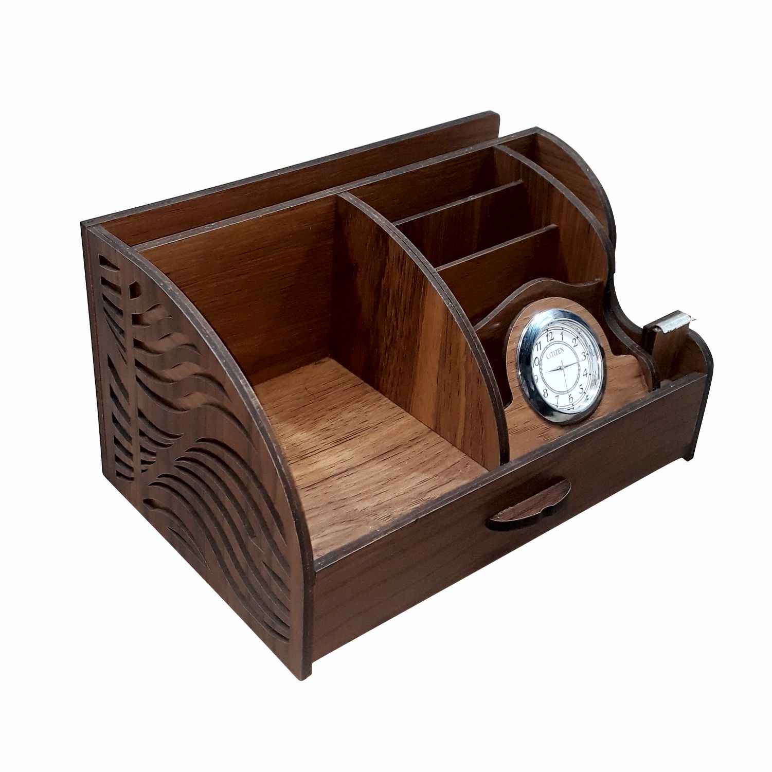 Organiseur de bureau en bois avec horloge intégrée