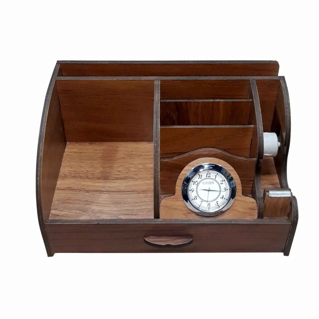 Organiseur de bureau en bois avec horloge intégrée