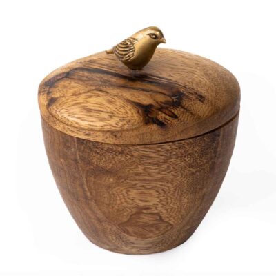 Bol à sucre en bois fait main avec couvercle – Design rustique avec motif d’oiseau