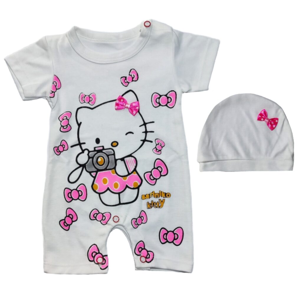 Ensemble Bébé Barboteuse à Manches Courtes et Bonnet – Modèle Hello Kitty