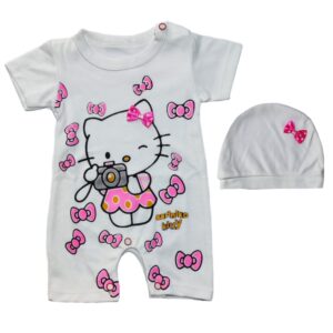 Ensemble Bébé Barboteuse à Manches Courtes et Bonnet – Modèle Hello Kitty