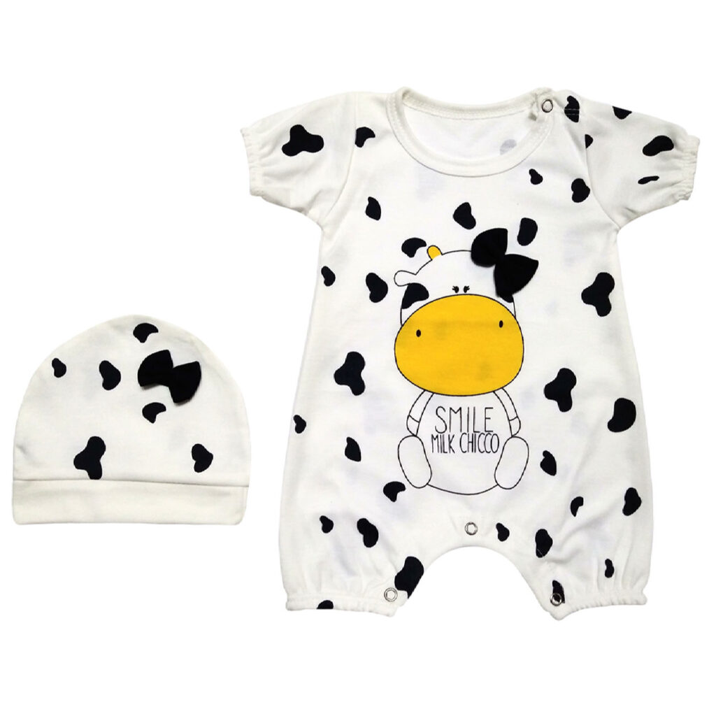 Ensemble Bébé Barboteuse à Manches Courtes et Bonnet avec Motif Vache