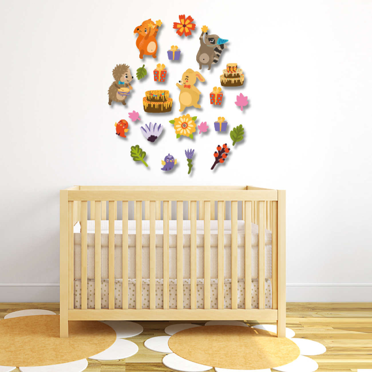 Autocollant mural en bois pour bébé – Design animaux joyeux