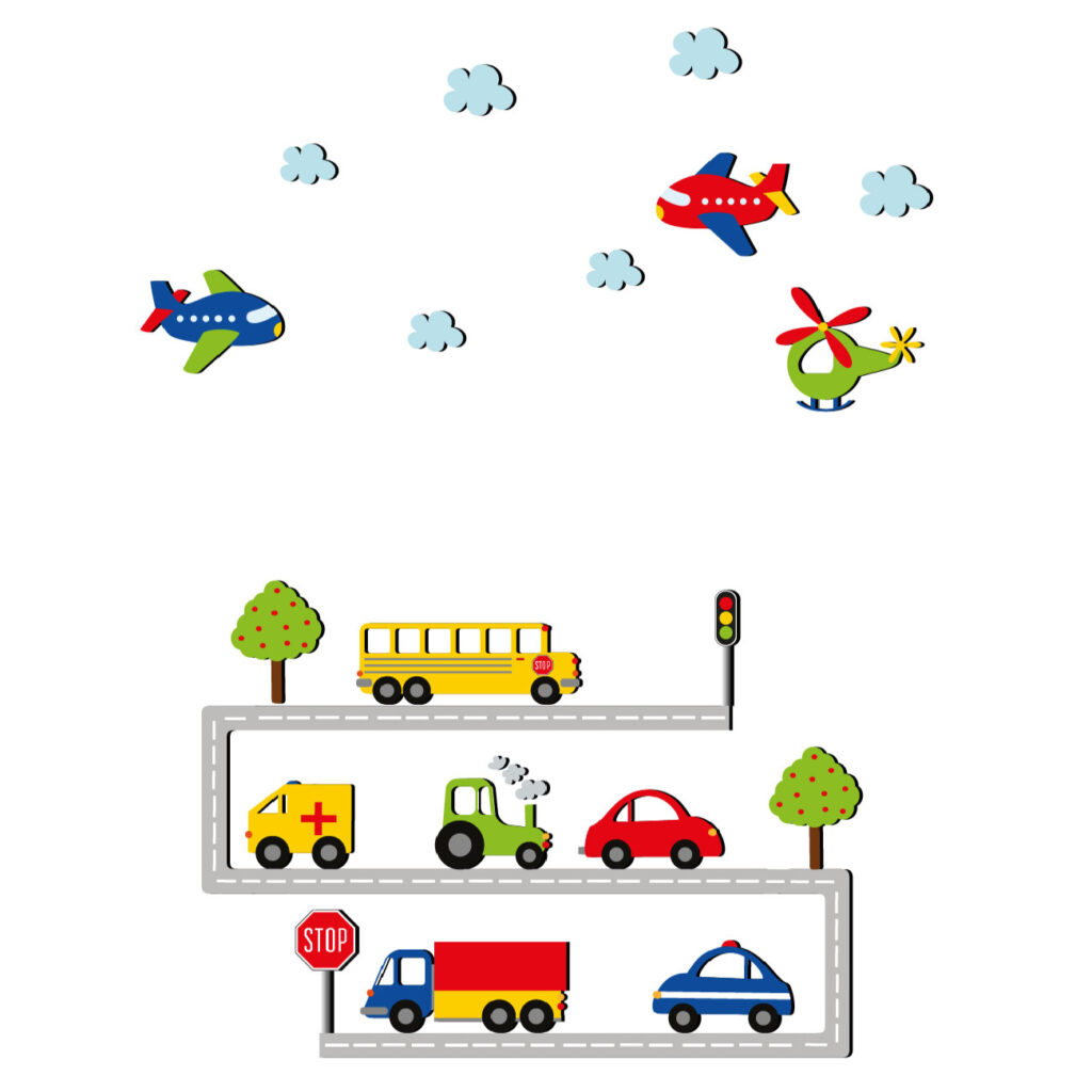 Autocollant mural en bois pour bébé – Design transport