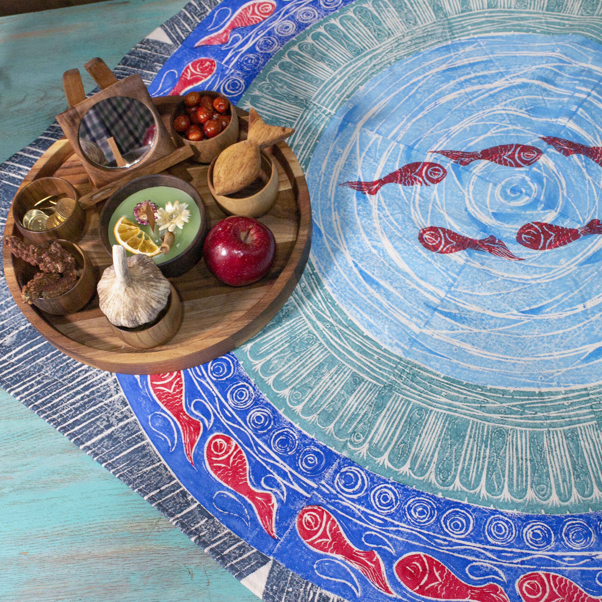 Nappe en Coton avec Design de Bassin de Poissons Persans Traditionnels 4 Places