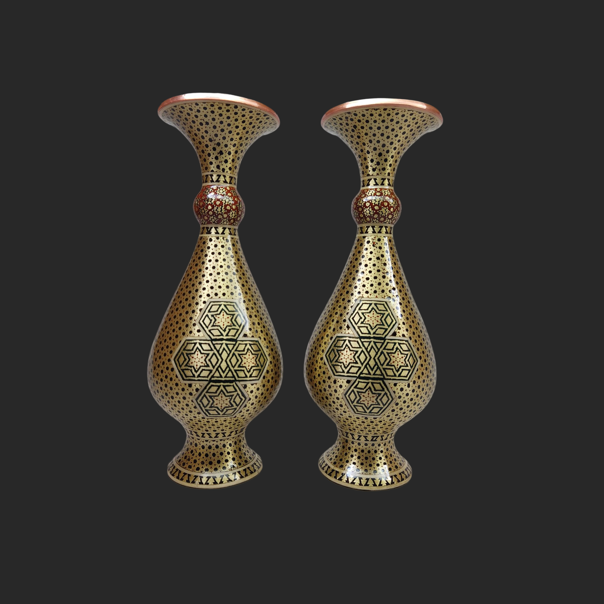 Vase décoratif en cuivre persan fait main avec marqueterie Khatamkari Art - Set de 2