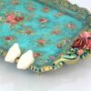 Plateau décoratif en polyester avec pieds et design d'oiseau et de fleur turquoise