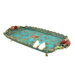 Plateau décoratif en polyester avec pieds et design d’oiseau et de fleur turquoise