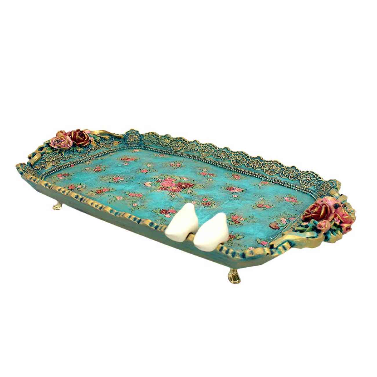 Plateau décoratif en polyester avec pieds et design d'oiseau et de fleur turquoise