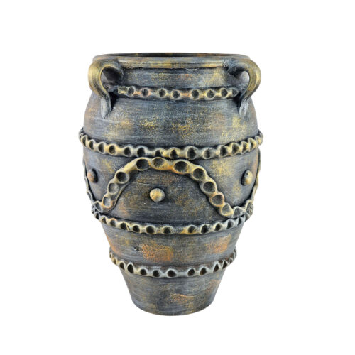 Vase en poterie décoratif de forme ovale, fait main et orné d'un motif classique d'oiseaux et de fleurs