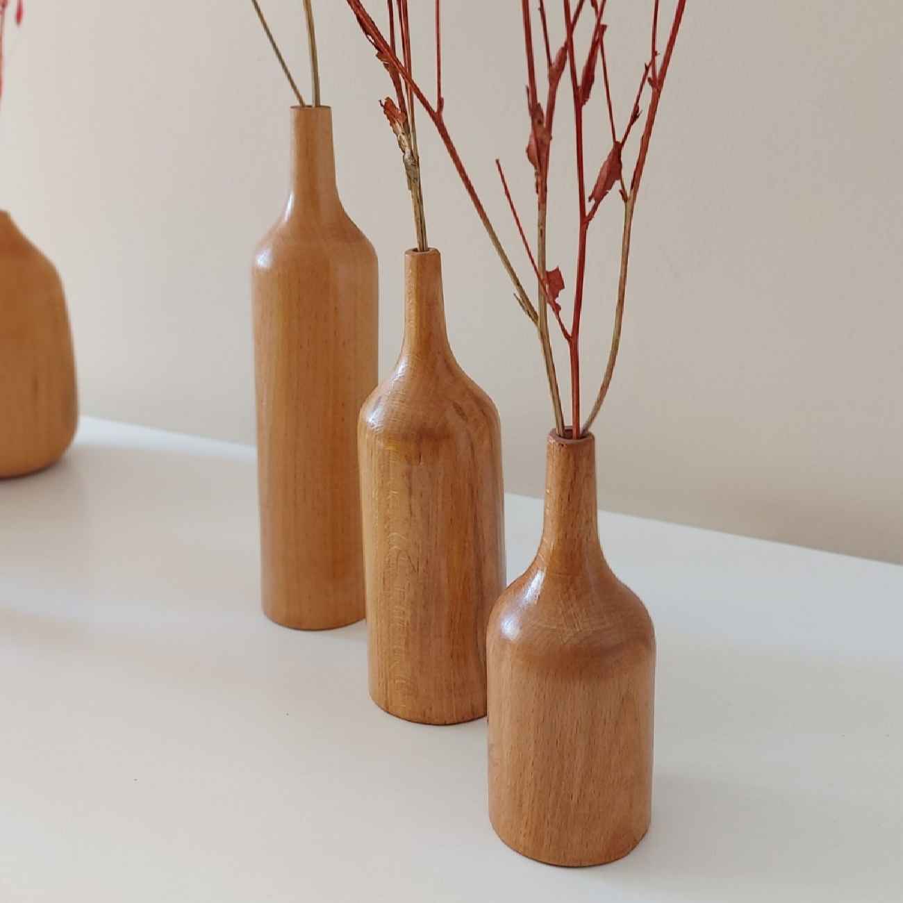 Vases décoratifs à tige unique en bois massif naturel faits main – Lot de 3.