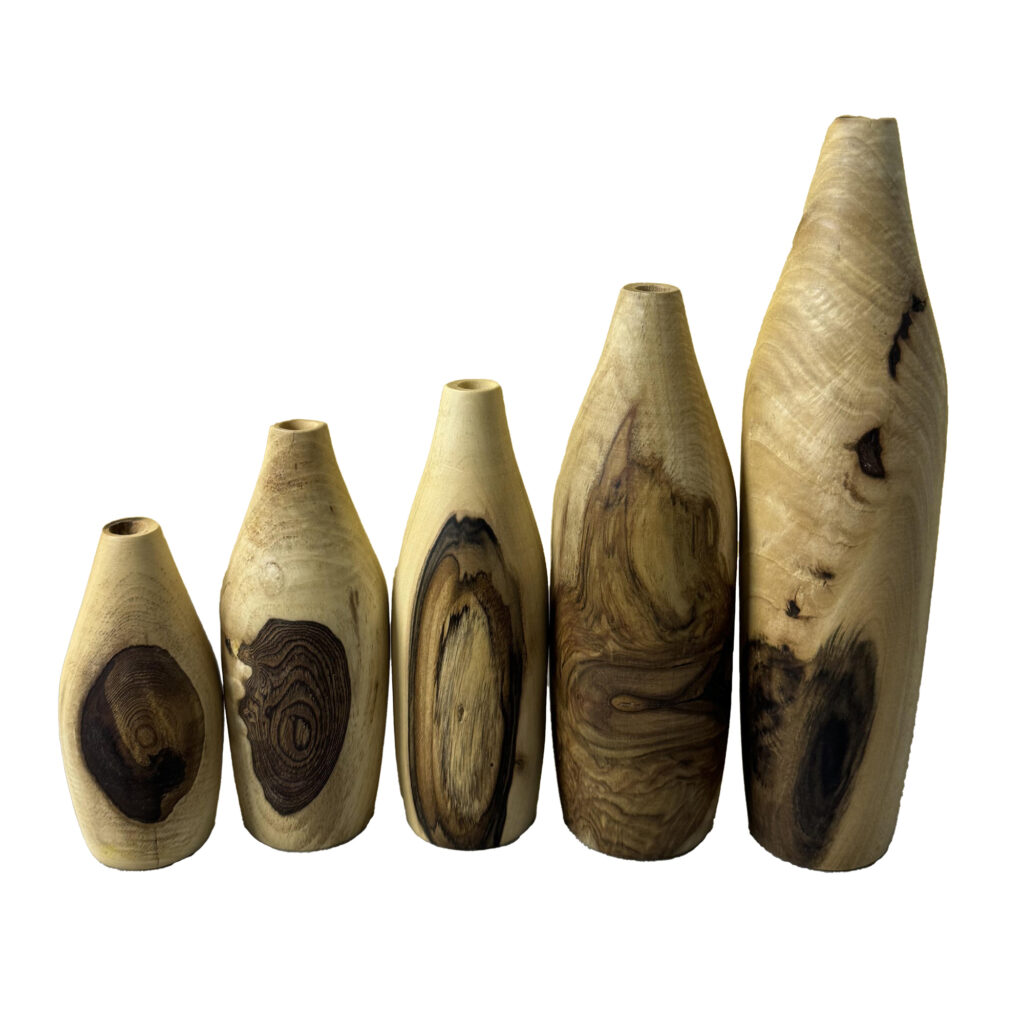 Vases miniatures en bois de noyer massif naturel, décoratifs couleur crème – Lot de 5.