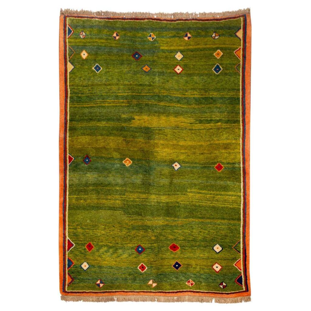 Tapis en laine Gabbeh persan tissé à la main en Fars géométrique vert