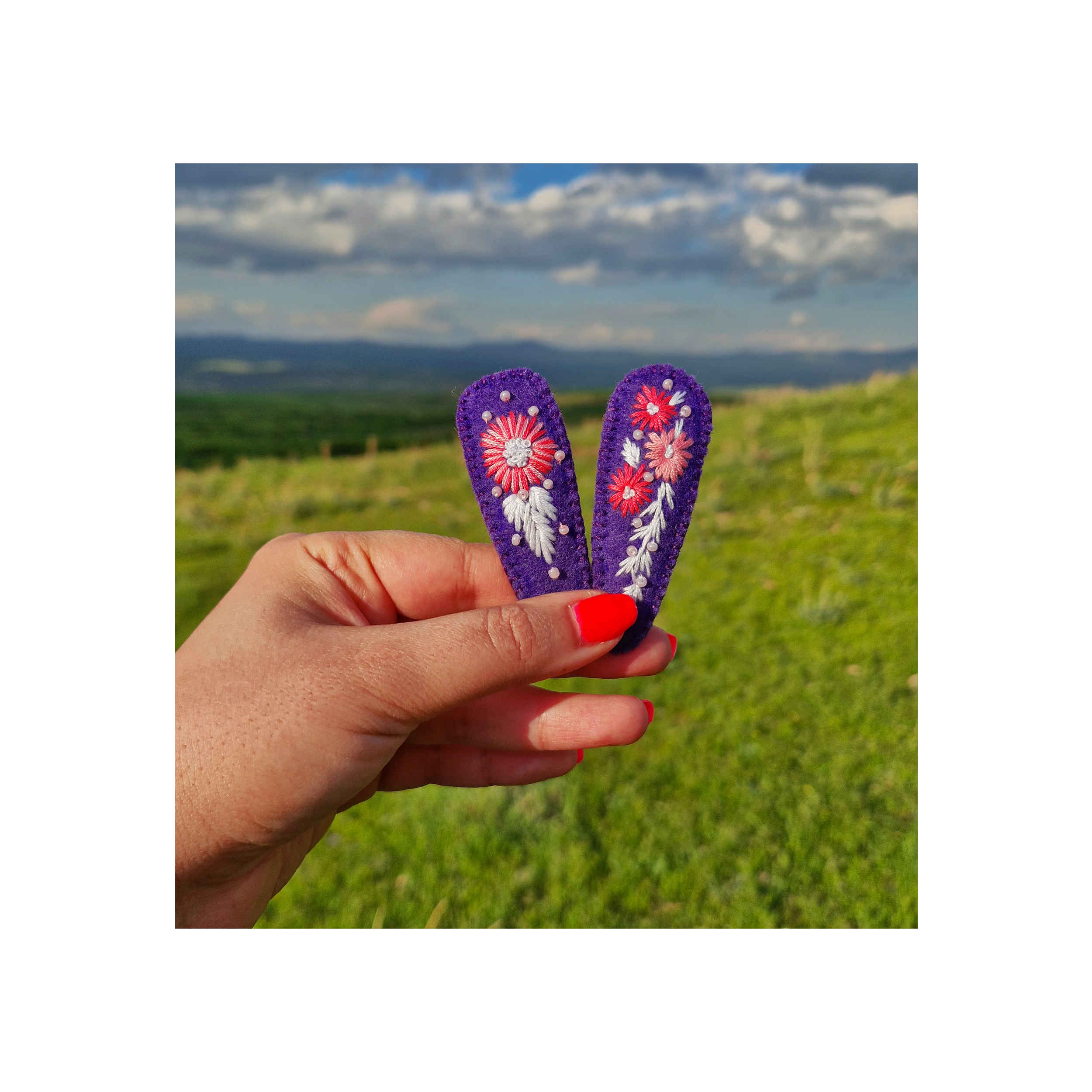 Set de Pinces à Cheveux à Clip Brodé à la Main avec Design de Fleur