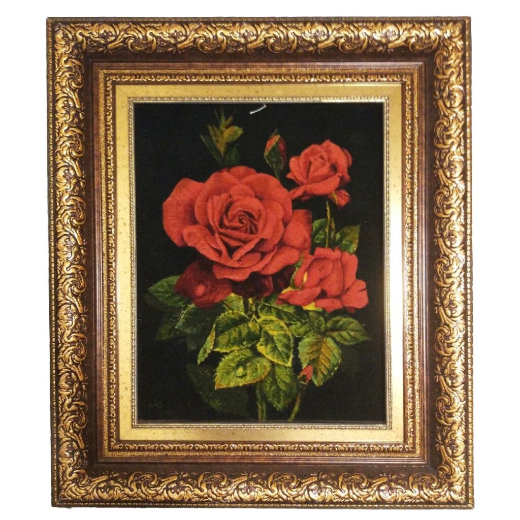 Tapis persan figuratif noué à la main de Tabriz représentant une rose