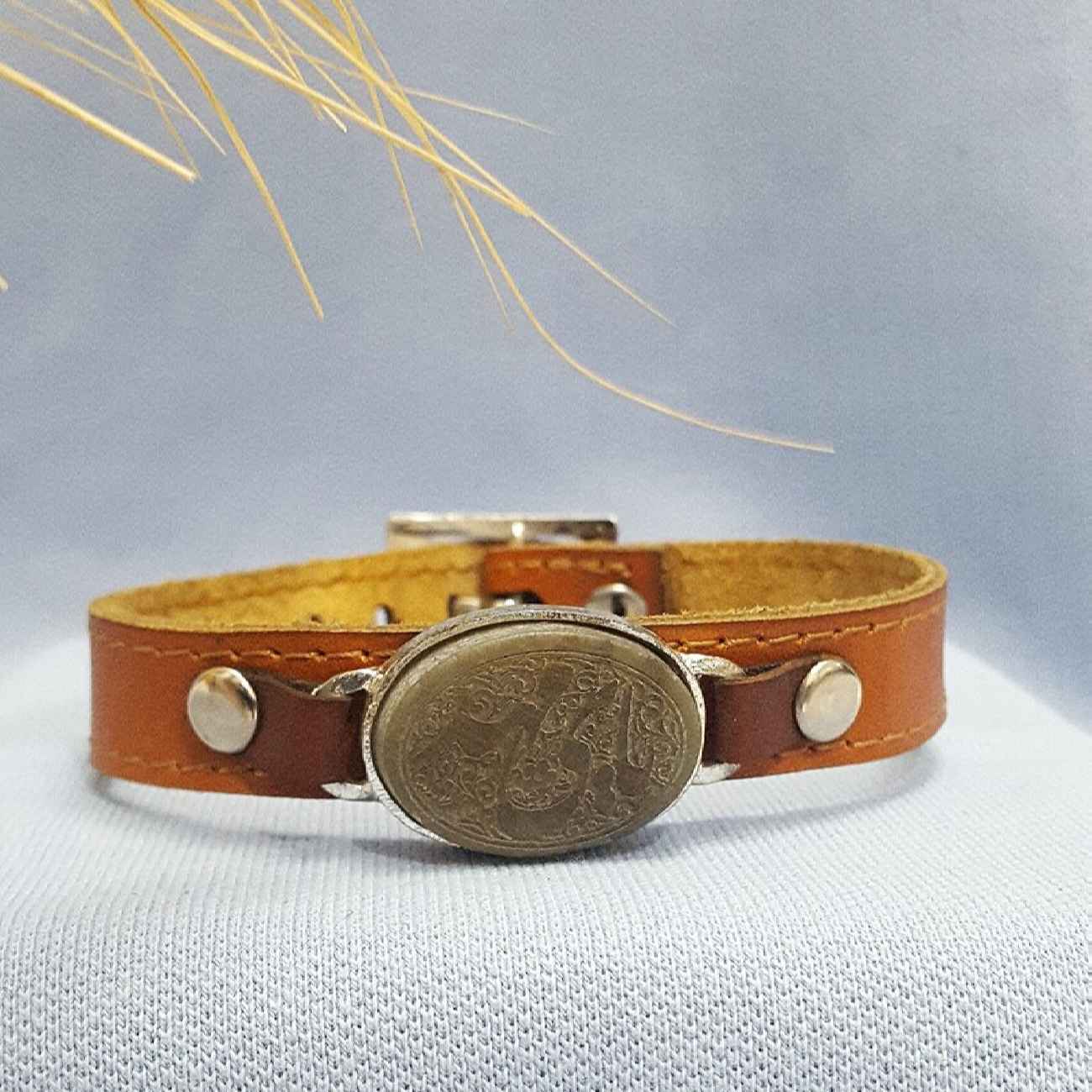 Bracelet islamique en cuir et pierre jade ajustable Ya Mehdi