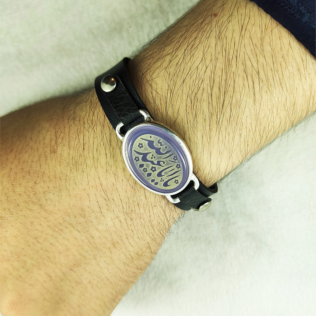 Bracelet islamique avec cuir et pierre agate ajustable Ya Aba Abdillah