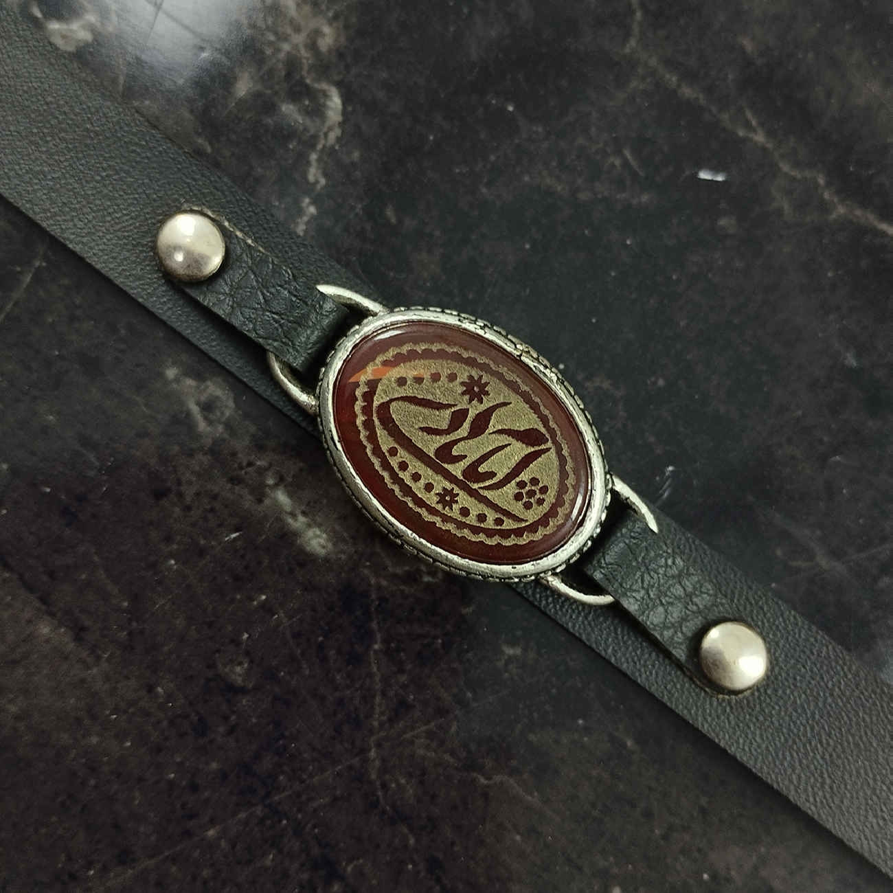 Bracelet islamique avec cuir et pierre agate pour homme