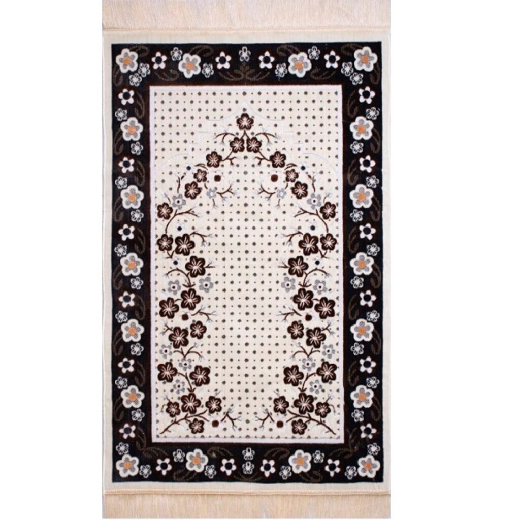Tapis de prière islamique en velours rembourré Janamaz Sajadah floral crème