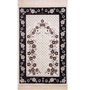 Tapis de prière islamique en velours rembourré Janamaz Sajadah floral crème