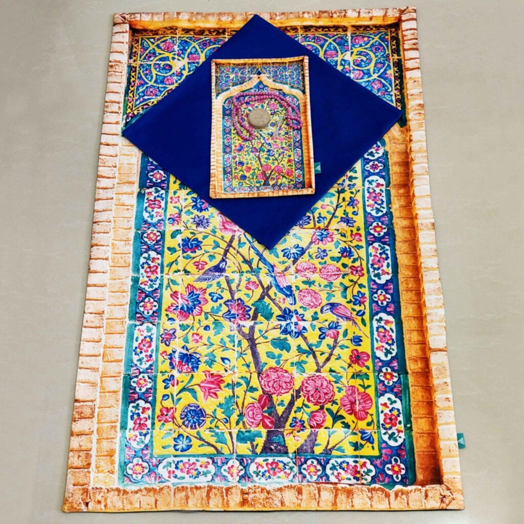 Tapis de Prière Islamique Fin en Velours avec Motif Carreaux Persans