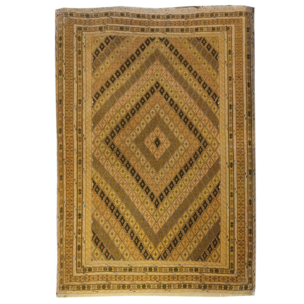 Tapis en laine Kilim persan tissé à la main à Sirjan avec motifs géométriques marron