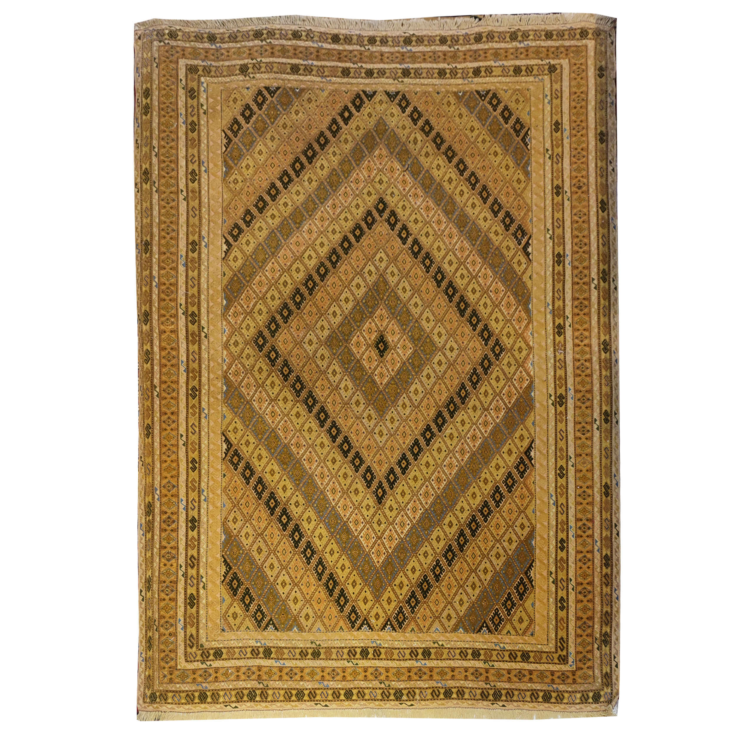 Tapis en laine Kilim persan tissé à la main à Sirjan avec motifs géométriques marron