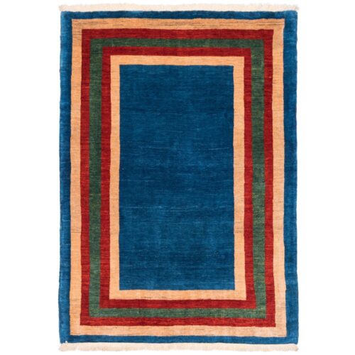 Tapis Gabbeh persan minimaliste authentique - Borduré, Bleu marine, Laine