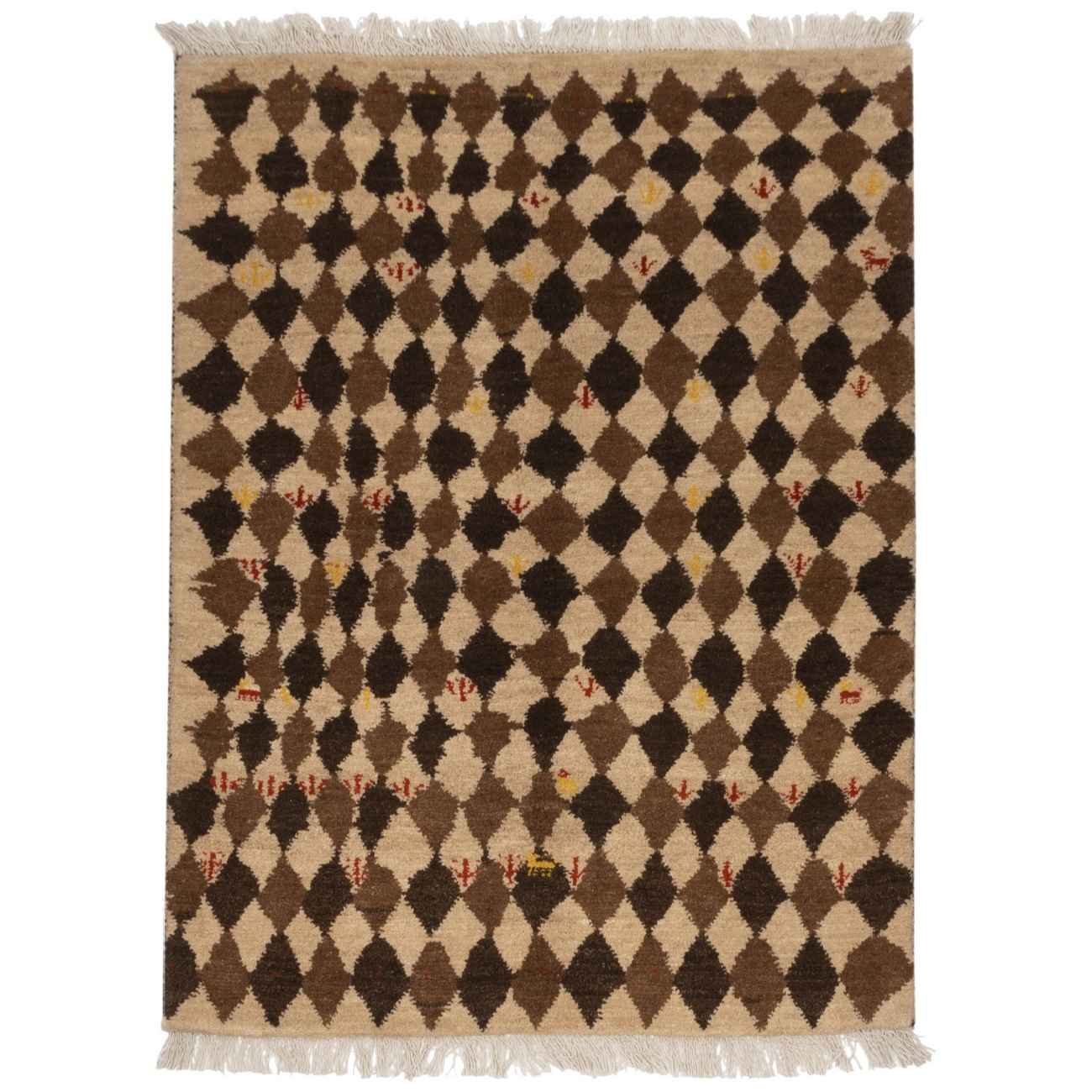 Tapis Gabbeh persan avec laine tissé à la main en Fars géométrique marron