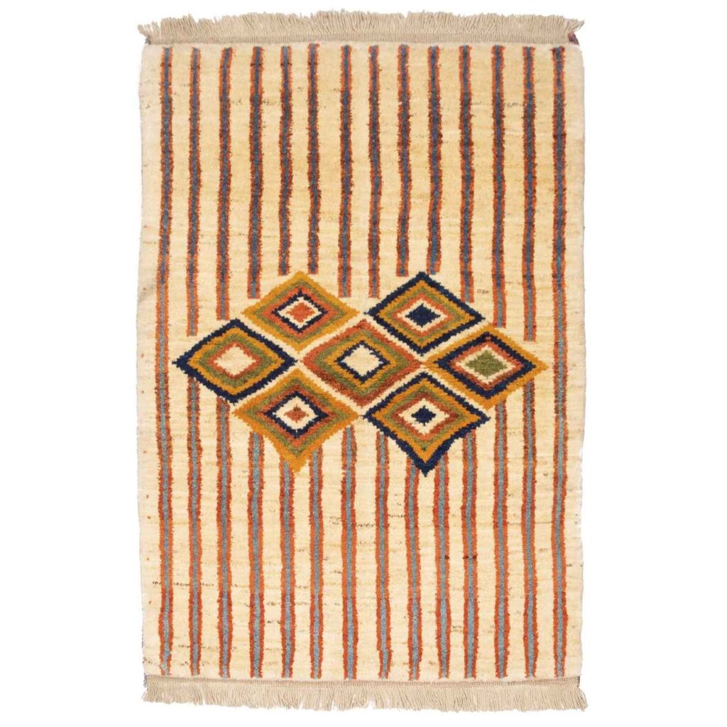 Tapis Gabbeh persan avec laine tissé à la main en Fars géométrique rayé crème