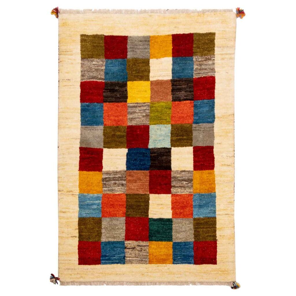 Tapis Gabbeh persan en laine authentique tissé à la main en Fars à carreaux crème
