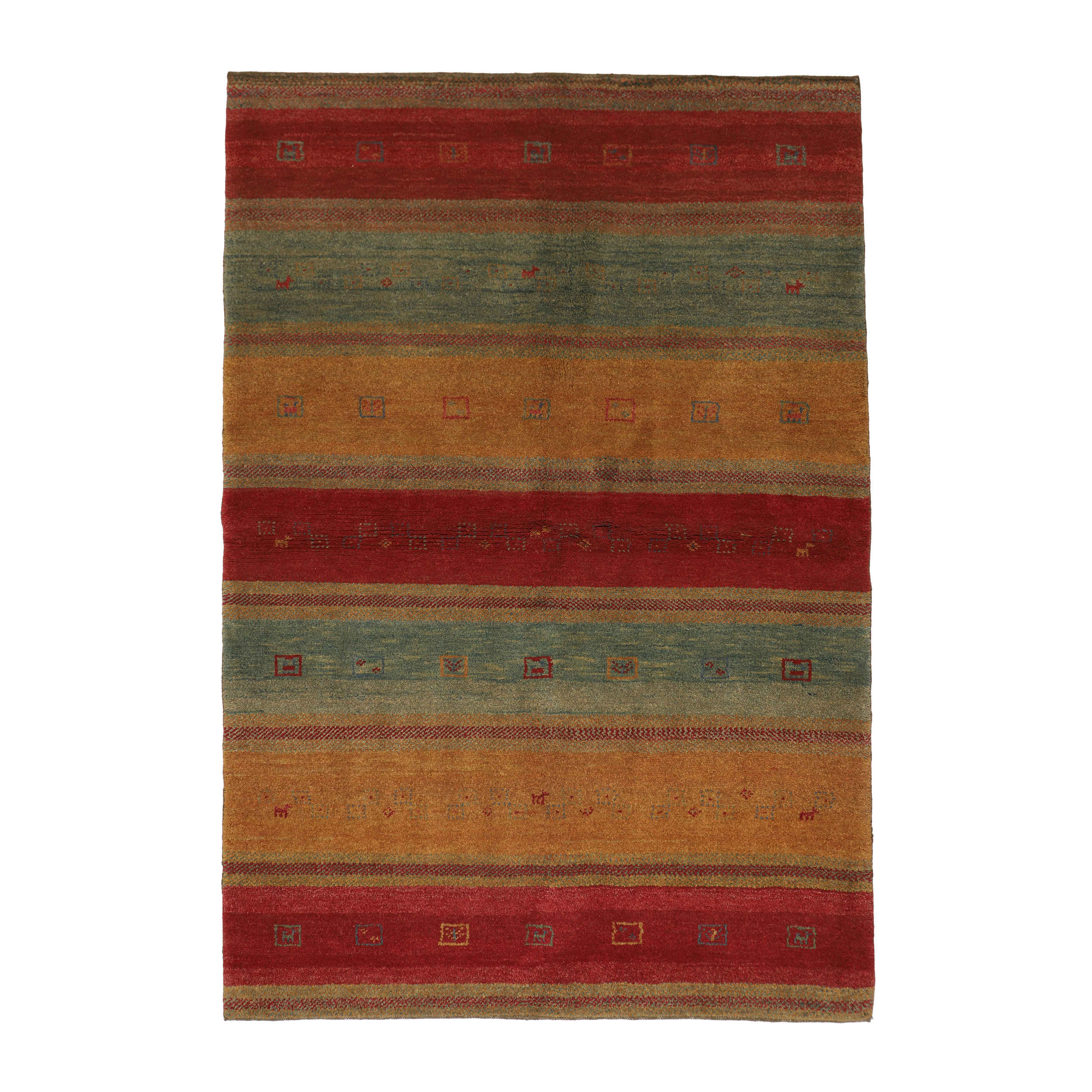 Tapis Gabbeh Persan en laine authentique tissé à la main dans le Fars, rayé rouge