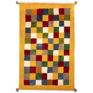 Tapis en laine Gabbeh persan tissé à la main en Fars à carreaux jaunes