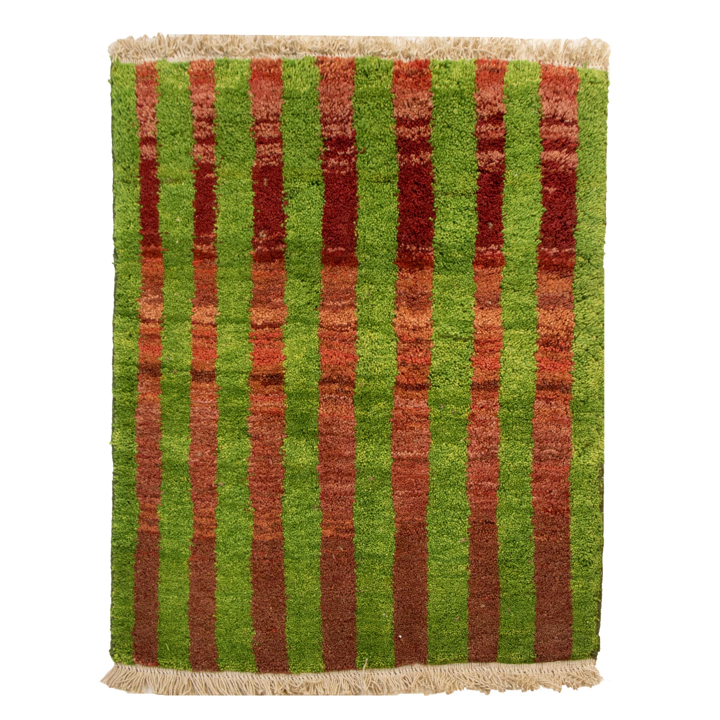 Tapis en laine Gabbeh persan tissé à la main en Khorasan rayé vert