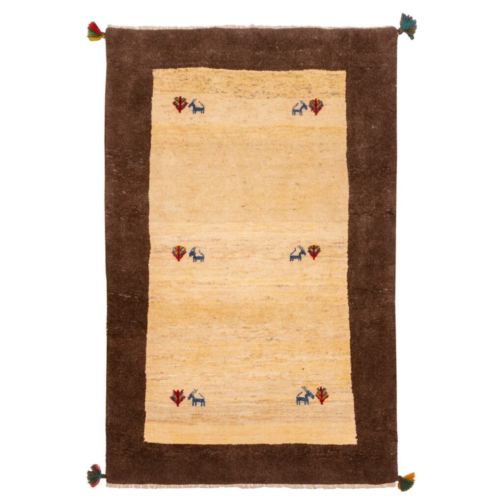 Tapis Gabbeh persan en laine tissé à la main en Fars bordé motifs animaliers