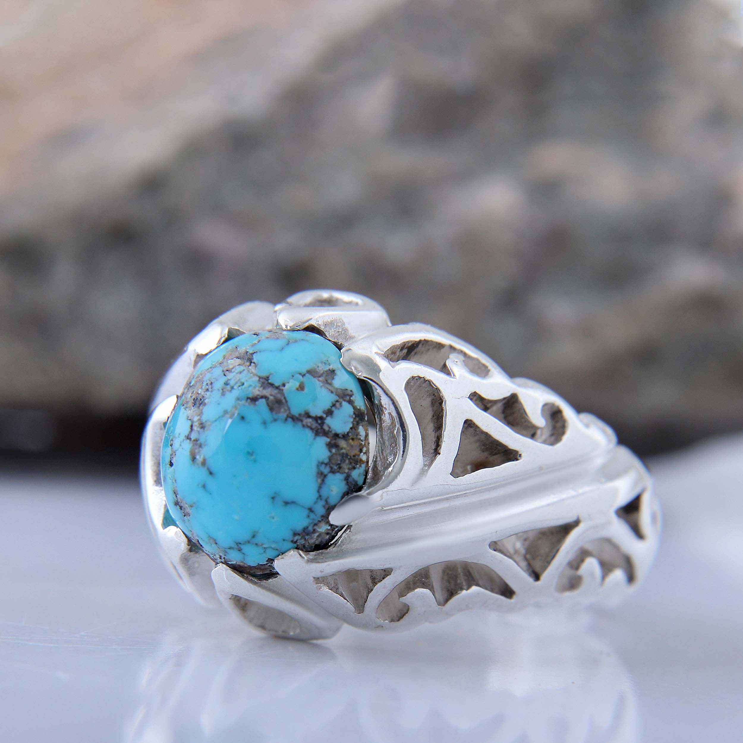 Bague Modèle Goutte en Argent Persan avec Turquoise de Neyshabur pour Homme