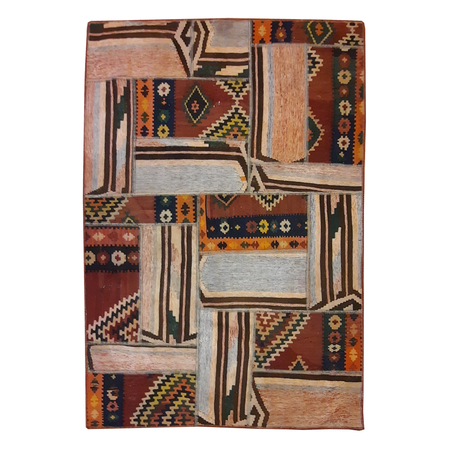Tapis Kilim Persan Patchwork Tissé à la Main Géométrique Marron