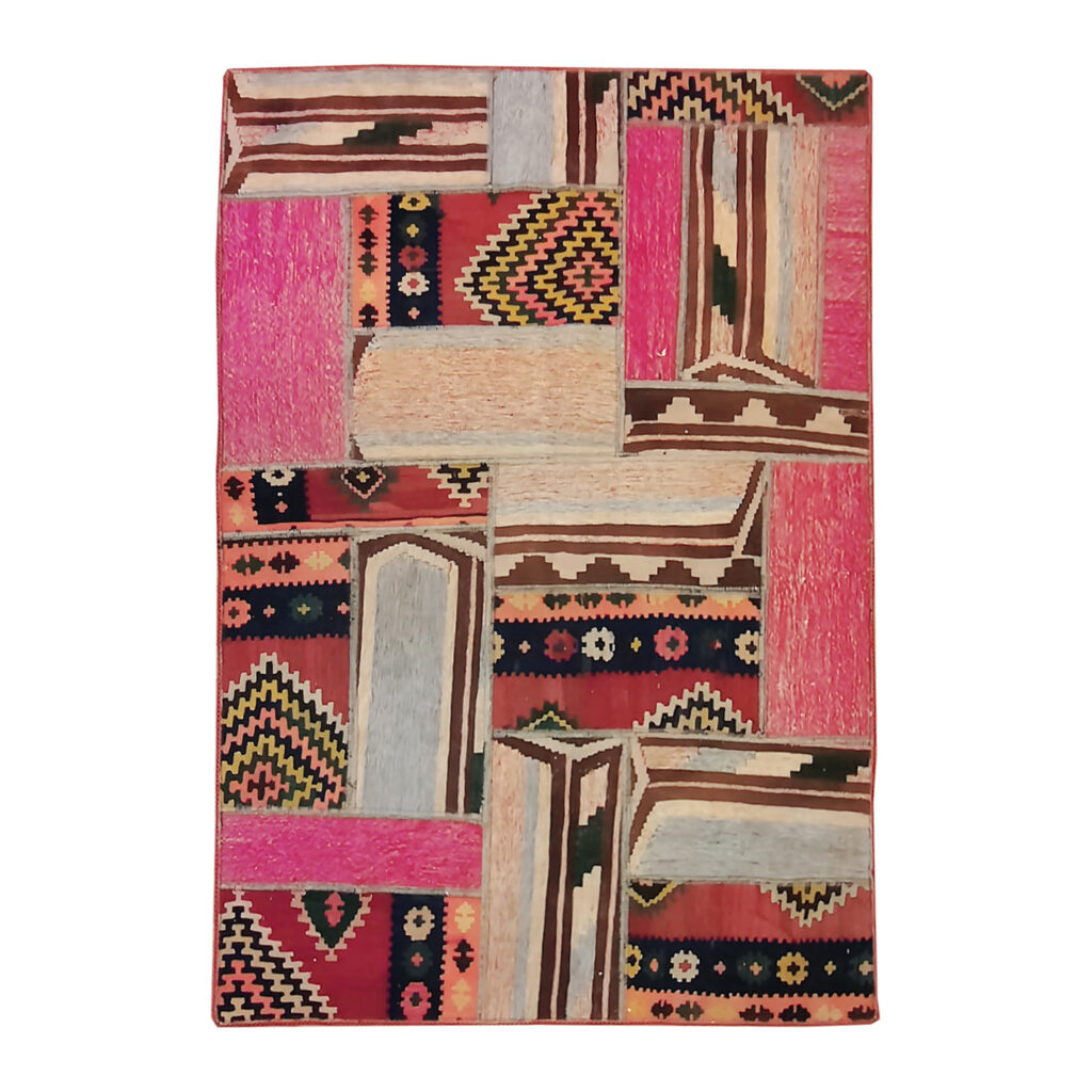 Tapis Kilim Persan Patchwork Tissé à la Main Géométrique Rose