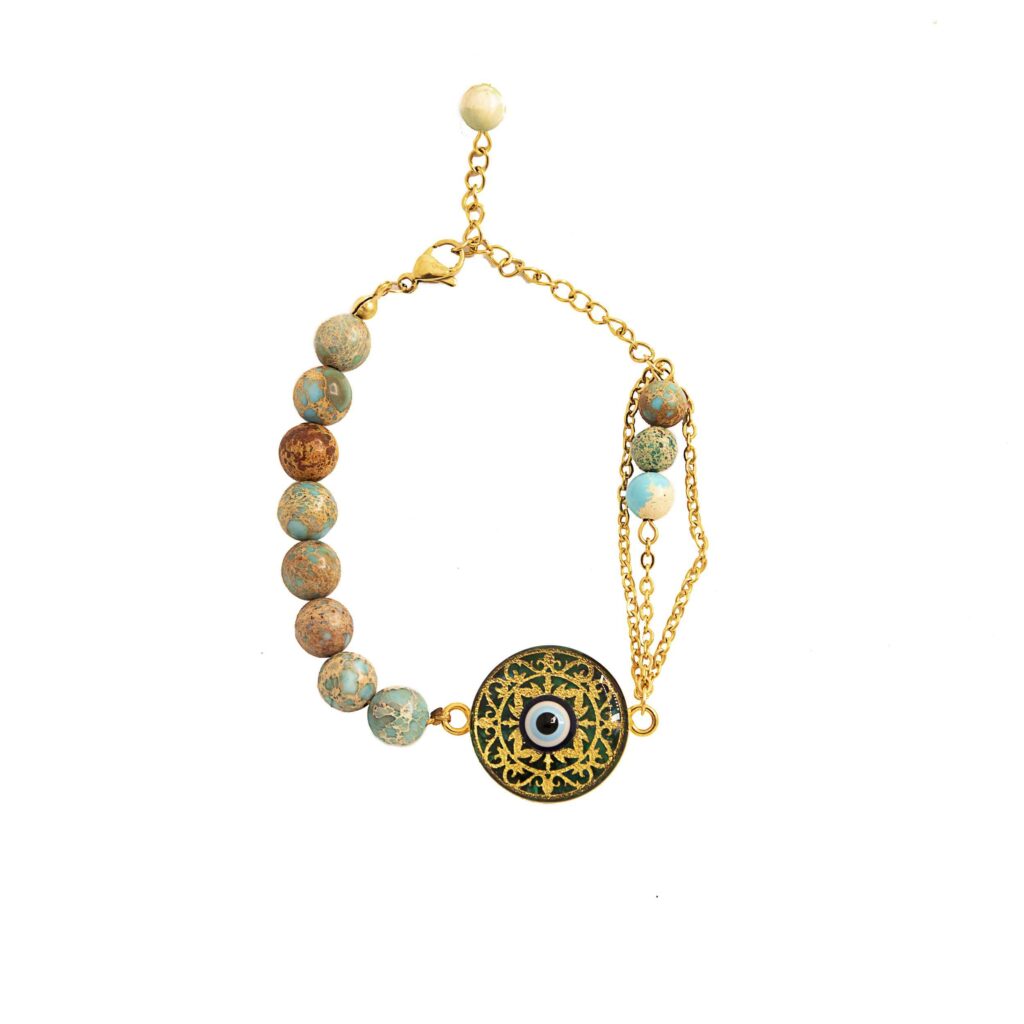 Bracelet Perlé en Acier Persan pour Femme – Œil Protecteur Turquoise