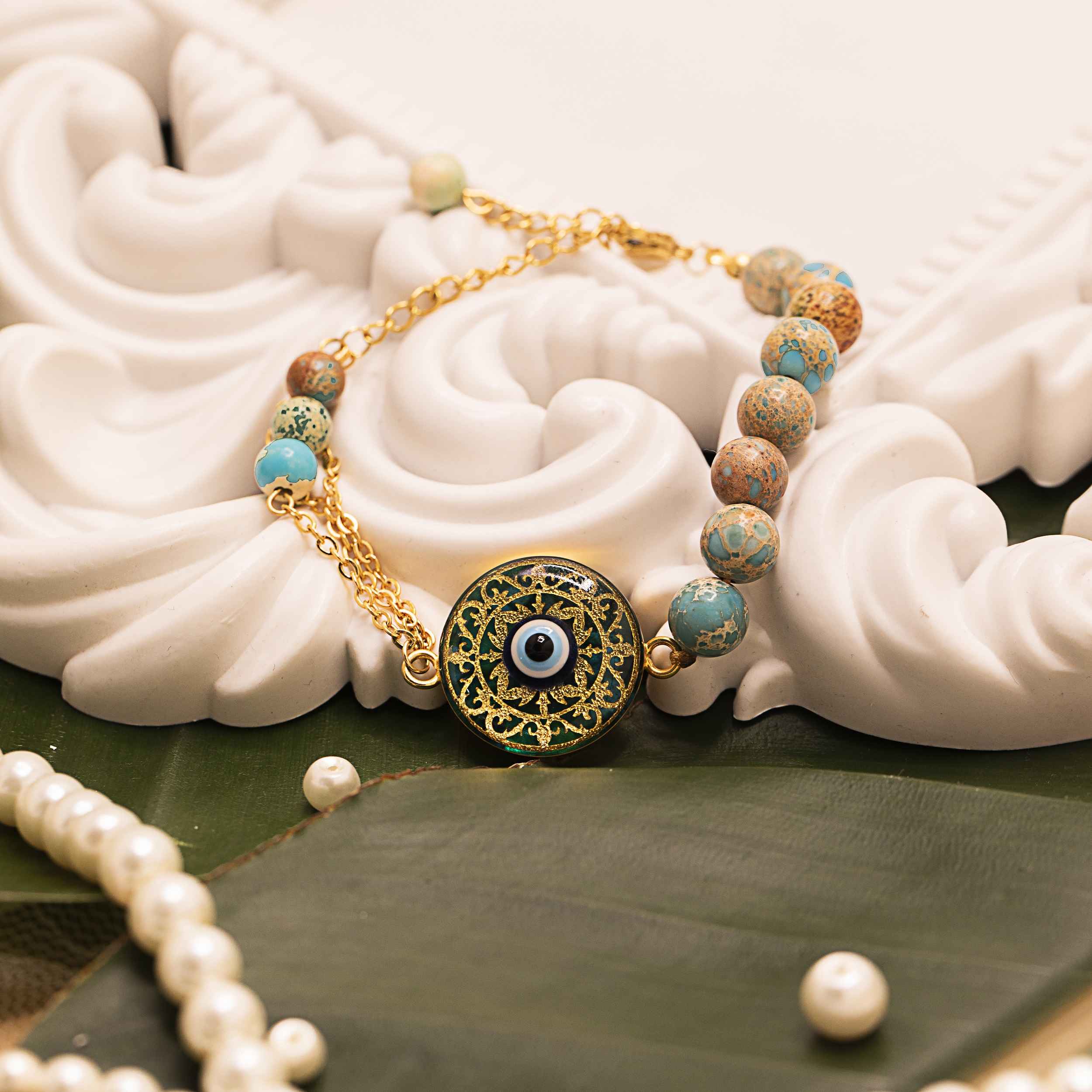 Bracelet Perlé en Acier Persan pour Femme – Œil Protecteur Turquoise