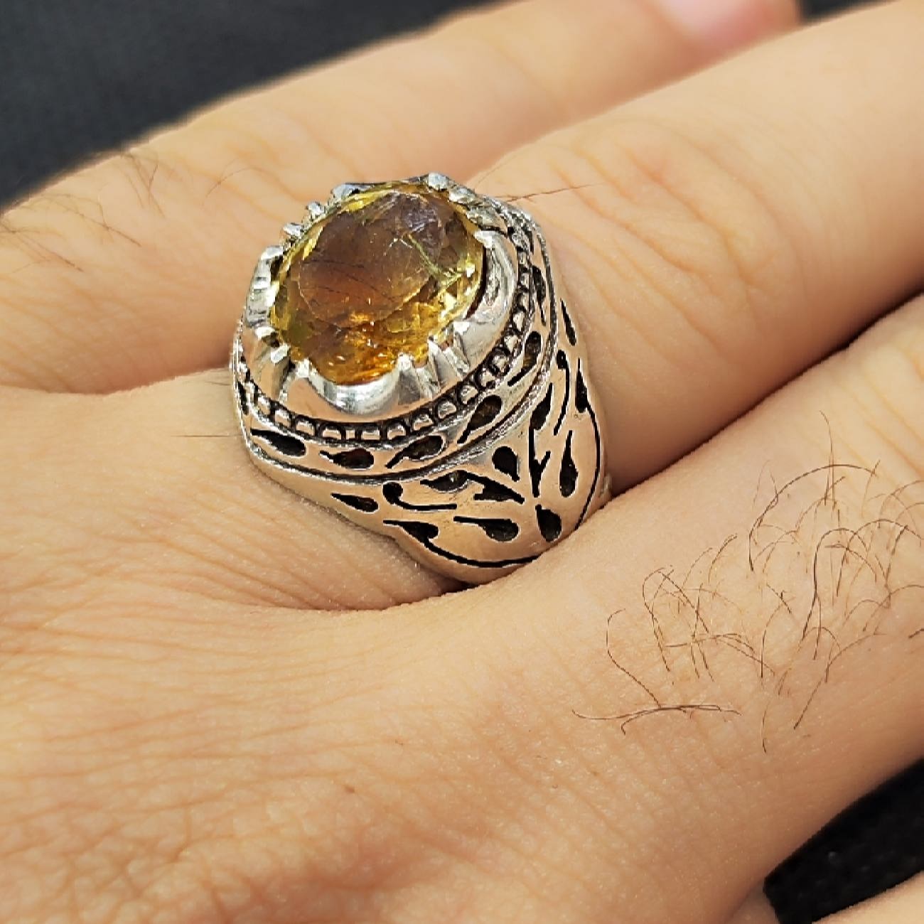 Bague en Citrine Jaune Persane en Argent pour Homme Modèle Ashk