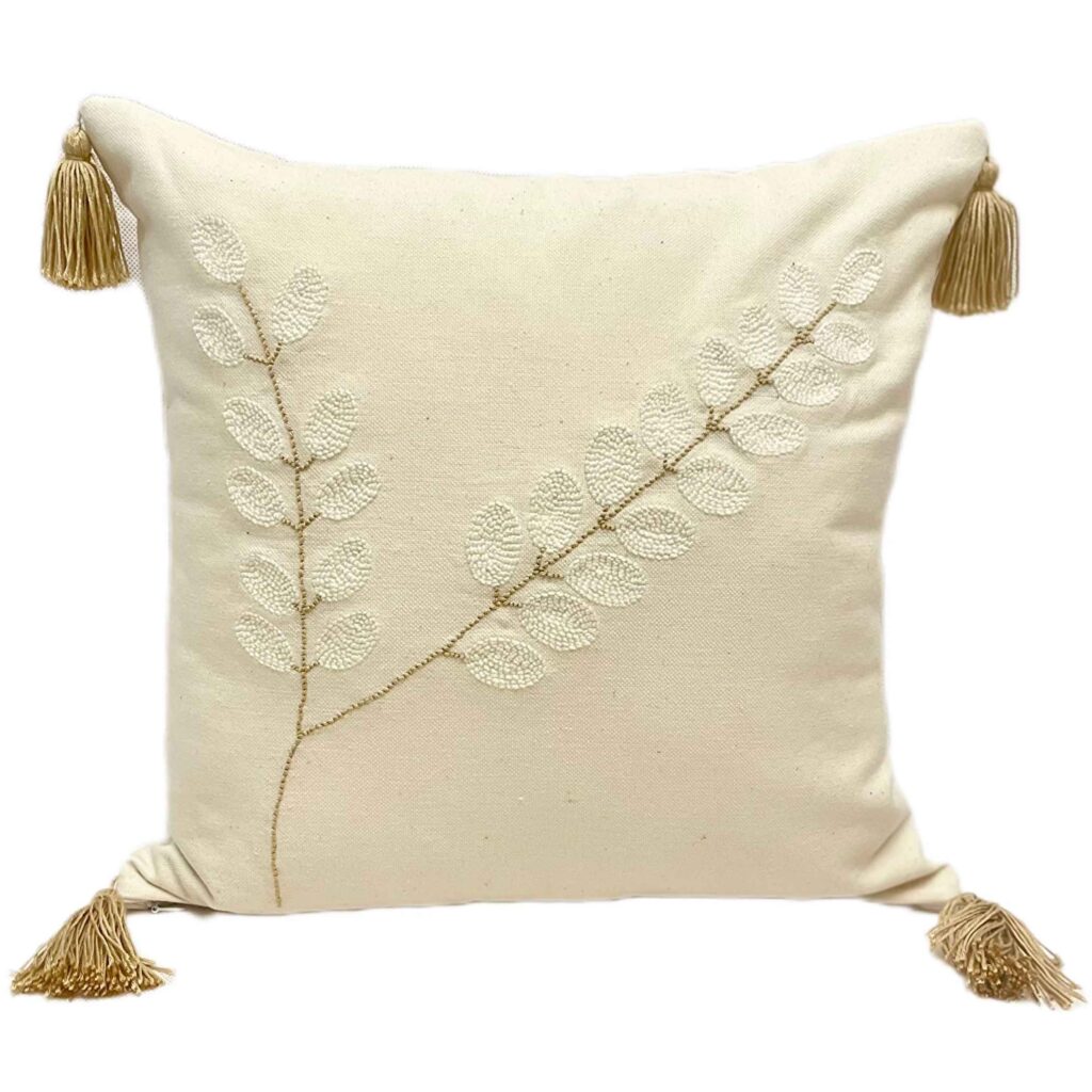 Housse de Coussin Punch Needle - Design Longues Feuilles Crème Brodé